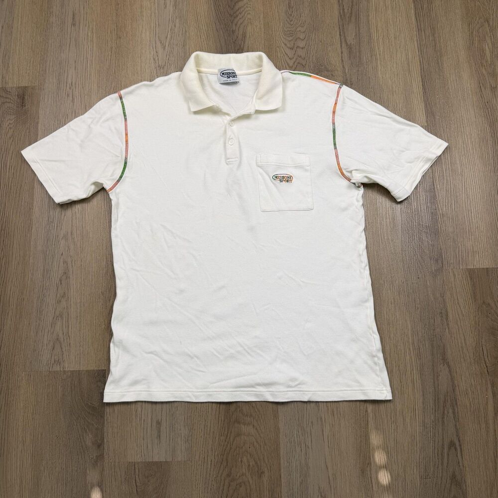 Vintage Missoni Sport Polo Shirt Mens XL White Pocket Embroidered Logo